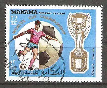 Briefmarke Ajman-Manama Mi.Nr. 268 A o Fußball-Weltmeisterschaften 1970 / Fußballspieler, Ball, Pokal #