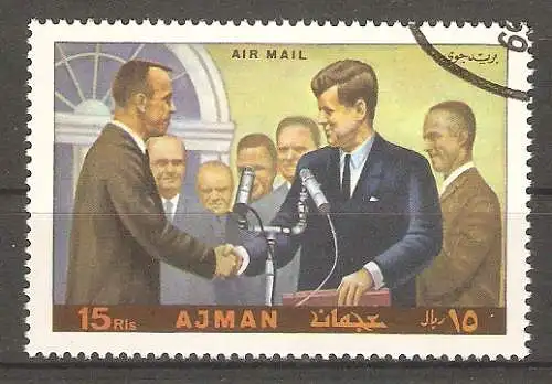 Briefmarke Ajman Mi.Nr. 504 A o Apolloprogramm 1970 / Präsident John F. Kennedy und 6 Astronauten #