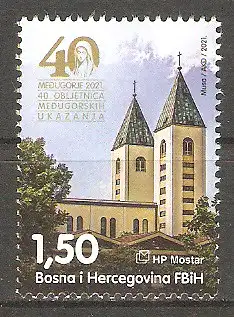 Briefmarke Bosnien-Herzegowina (Kroatische Post Mostar) Mi.Nr. 577 ** 40. Jahrestag der ersten Marienerscheinung in Međugorje 2021 / St.-Jakobus-Kirche in Međugorje #