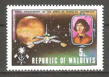 Briefmarke Malediven Mi.Nr. 501 A ** 500. Geburtstag von Nikolaus Kopernikus 1974 / Nikolaus Kopernikus & „Mariner 4“ #