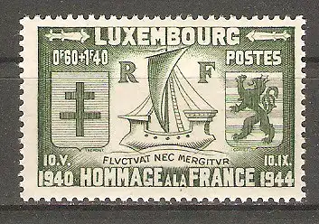 Briefmarke Luxemburg Mi.Nr. 343 ** Befreiung Luxemburgs - Symbole für die vier alliierten Großmächte 1945 / Schiff (Wappen von Paris) zwischen Lothringer Kreuz und Wappen von Luxemburg #