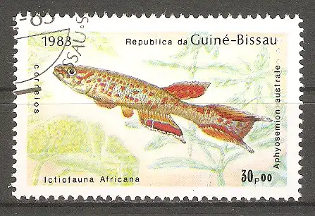 Briefmarke Guinea-Bissau Mi.Nr. 737 o Fische 1983 / Bunter Prachtkärpfling (Aphyosemion australe) #