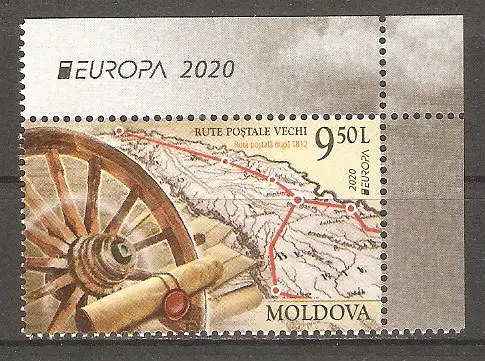 Briefmarke Moldawien Mi.Nr. 1130 ** Historische Postrouten 2020 / Holzwagenrad, Schriftrolle, Briefe, Karte mit Postrouten #