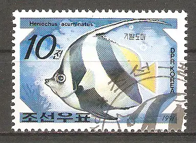 Briefmarke Korea-Nord Mi.Nr. 3235 o Fische 1991 / Wimpelfisch (Heniochus acuminatus) #