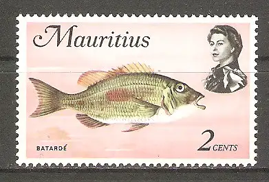 Briefmarke Mauritius Mi.Nr. 331 X ** Meerestiere 1969 / Schwarzfleck-Straßenkehrer (Lethrinus harak) #