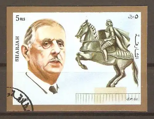 Briefmarke Sharjah Mi.Nr. 881 o Persönlichkeiten und Pariser Bauten 1972 / de Gaulle & Jeanne d’Arc #