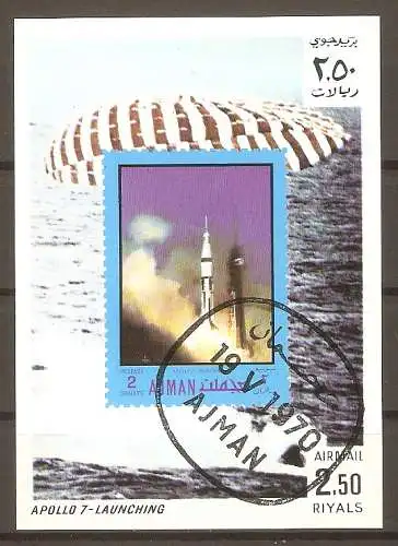 Briefmarke Ajman Mi.Nr. 594 B o Apollo- und Gemini-Programm 1970 / Apollo 7 Start #