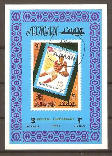 Briefmarke Ajman Mi.Nr. 872 B o Briefmarkenausstellung PHILATOKYO ’71 / Rugby #