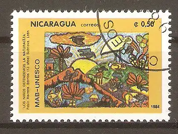 Briefmarke Nicaragua Mi.Nr. 2535 o UNESCO-Kampagne für den Naturschutz 1984 / Ackerlandschaft & Hände mit Pflanzen #