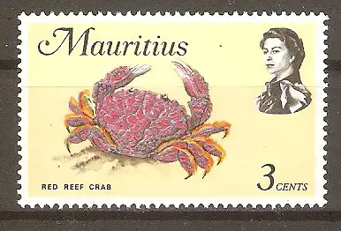 Briefmarke Mauritius Mi.Nr. 332 X ** Meerestiere 1969 / Rote Riffkrabbe (Zoozymus aeneus) #