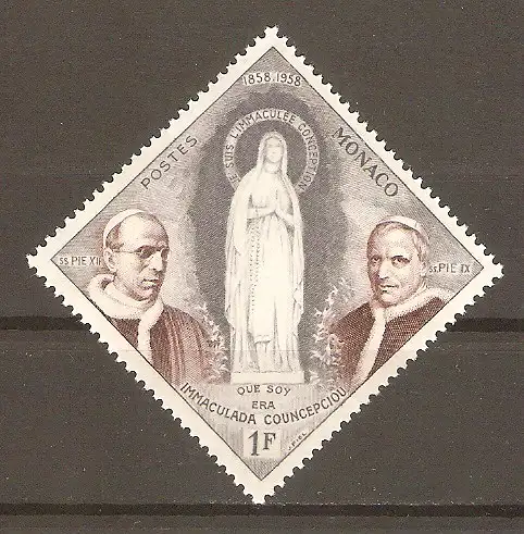 Briefmarke Monaco Mi.Nr. 590 ** 100. Jahrestag der Marienerscheinung in Lourdes 1958 / Papst Pius XII. und Papst Pius IX. & Marienstatue #
