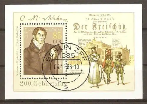 Briefmarke DDR Block 86 o (Mi.Nr. 3055) 200. Geburtstag von Carl Maria von Weber 1986 / Komponist #