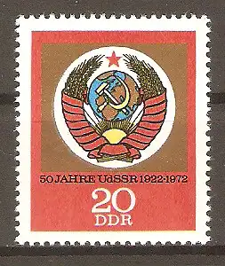 Briefmarke DDR Mi.Nr. 1813 ** 50 Jahre Union der Sozialistischen Sowjetrepubliken (UdSSR) 1972 / Staatswappen der UdSSR #