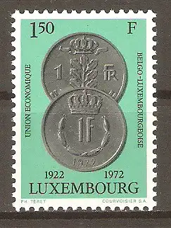 Briefmarke Luxemburg Mi.Nr. 841 ** 50 Jahre belgisch-luxemburgische Wirtschaftsgemeinschaft 1972 / 1-Franc-Münzen von Luxemburg und Belgien #