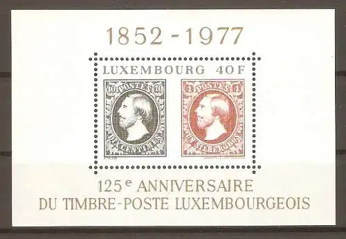 Briefmarke Luxemburg Block 10 ** (Mi.Nr. 951) 125 Jahre Luxemburger Briefmarken 1977 / Marken MiNr. 1 und 2 von 1852 #