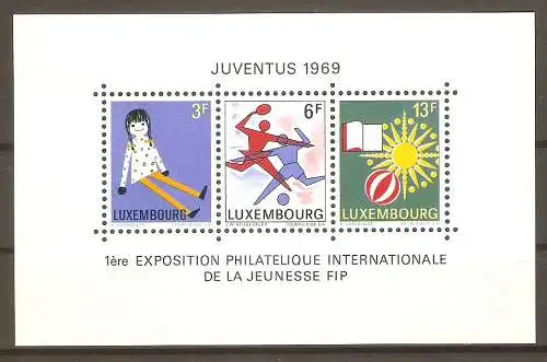 Briefmarke Luxemburg Block 8 ** (Mi.Nr. 785-787) Briefmarkenausstellung „Juventus 1969“ / Sitzende Puppe, Fußball, Tennis, Buch, Ball und Sonne #