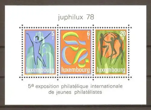 Briefmarke Luxemburg Block 12 ** (Mi.Nr. 964-966) Internationale Briefmarkenausstellung JUPHILUX ’78 / Springbrunnen, junger Mann, Papierschlange, junge Menschen in graziler Haltung #