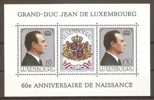 Briefmarke Luxemburg Block 13 ** (Mi.Nr. 1022-1024) 60. Geburtstag von Großherzog Jean von Luxemburg 1981 / Großherzog Jean von Luxemburg & Großherzogliches Wappen #