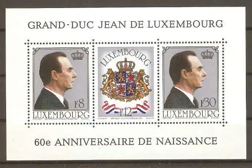 Briefmarke Luxemburg Block 13 ** (Mi.Nr. 1022-1024) 60. Geburtstag von Großherzog Jean von Luxemburg 1981 / Großherzog Jean von Luxemburg & Großherzogliches Wappen #