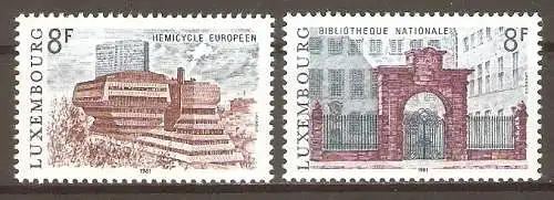 Briefmarke Luxemburg Mi.Nr. 1029-1030 ** Bauwerke 1981 / Europazentrum-Plenarsaal & Nationalbibliothek / Kompletter Satz ! #