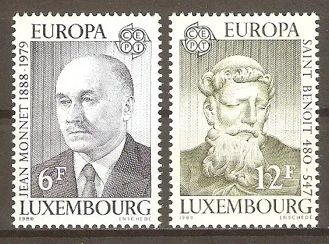 Briefmarke Luxemburg Mi.Nr. 1009-1010 ** Europa CEPT 1980 - Bedeutende Persönlichkeiten / Jean Monnet & Hl. Benedikt von Nursia / Kompletter Satz ! #