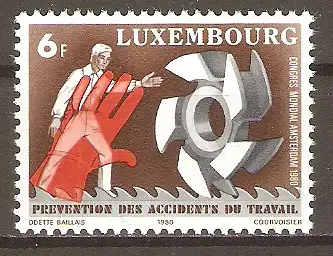 Briefmarke Luxemburg Mi.Nr. 1013 ** Weltkongress „Verhütung von Arbeitsunfällen und Berufskrankheiten“ in Amsterdam 1980 / Warnende Hand zwischen Mensch und Maschine #