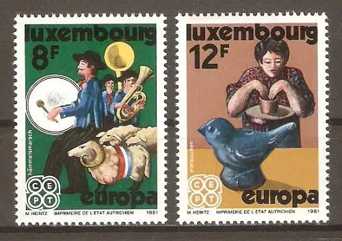 Briefmarke Luxemburg Mi.Nr. 1031-1032 ** Europa CEPT 1981 - Folklore / „Hämmelsmarsch“ & „Éimaischen“ / Kompletter Satz ! #