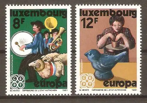 Briefmarke Luxemburg Mi.Nr. 1031-1032 ** Europa CEPT 1981 - Folklore / „Hämmelsmarsch“ & „Éimaischen“ / Kompletter Satz ! #