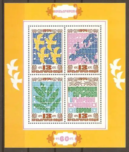 Briefmarke Bulgarien Block 53 A ** (Mi.Nr. 2365-2368) Konferenz über europäische Sicherheit und Zusammenarbeit 1974 / Tauben, Landkarte von Europa, Palmwedel, Inschrift #