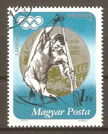 Briefmarke Ungarn Mi.Nr. 2849 A o Medaillengewinner der Olympischen Sommerspiele München 1973 / Silbermedaille im Kanu (Canadier - Einer) Tamas Wichmann #