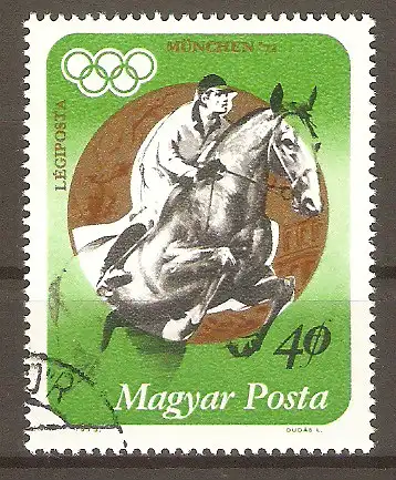 Briefmarke Ungarn Mi.Nr. 2847 A o Medaillengewinner der Olympischen Sommerspiele München 1973 / Goldmedaille im Modernen Fünfkampf Andras Balczo #