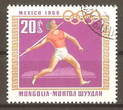 Briefmarke Mongolei Mi.Nr. 514 o Olympische Sommerspiele Mexiko 1968 / Speerwerfen #