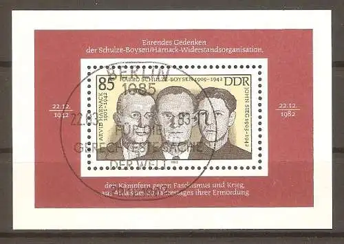 Briefmarke DDR Block 70 o (Mi.Nr. 2782) Widerstandsorganisation Schulze-Boysen/Harnack 1983 / Antifaschistische Widerstandskämpfer #