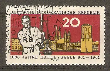 Briefmarke DDR Mi.Nr. 834 o 1000 Jahre Stadt Halle (Saale) 1961 / Chemiker vor charakteristischen Bauwerken #