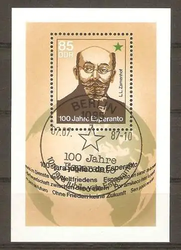 Briefmarke DDR Block 87 o (Mi.Nr. 3106) 100 Jahre Esperanto 1987 / Ludwig Lazarus Zamenhof (Polnischer Augenarzt, Erfinder der Welthilfssprache Esperanto) #