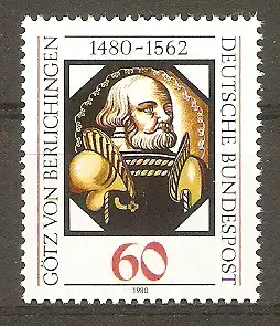 Briefmarke BRD Mi.Nr. 1036 ** 500. Geburtstag von Götz von Berlichingen 1980 / Reichsritter - Glasbild im Schlossmuseum Jagsthausen #