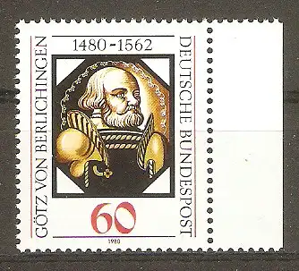 Briefmarke BRD Mi.Nr. 1036 ** Seitenrand rechts - 500. Geburtstag von Götz von Berlichingen 1980 / Reichsritter - Glasbild im Schlossmuseum Jagsthausen #