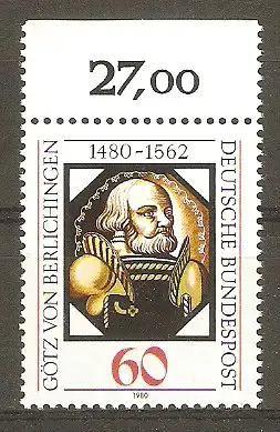 Briefmarke BRD Mi.Nr. 1036 ** Oberrand - 500. Geburtstag von Götz von Berlichingen 1980 / Reichsritter - Glasbild im Schlossmuseum Jagsthausen #