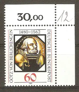 Briefmarke BRD Mi.Nr. 1036 ** Bogenecke o.r. - 500. Geburtstag von Götz von Berlichingen 1980 / Reichsritter - Glasbild im Schlossmuseum Jagsthausen #