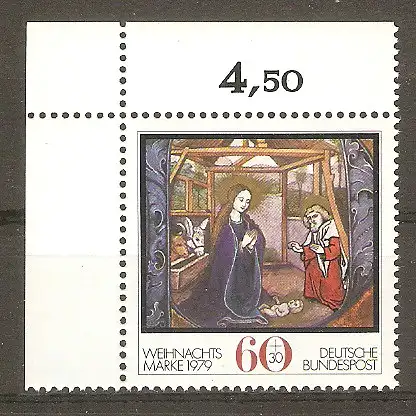 Briefmarke BRD Mi.Nr. 1032 ** Bogenecke o.l. Weihnachten 1979 / Die Geburt Christi #