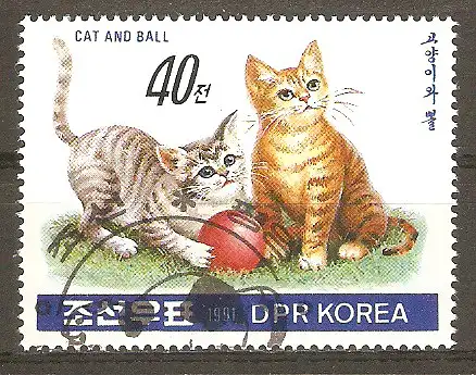 Briefmarke Korea-Nord Mi.Nr. 3227 o Katzen 1991/ Katzen mit Ball #