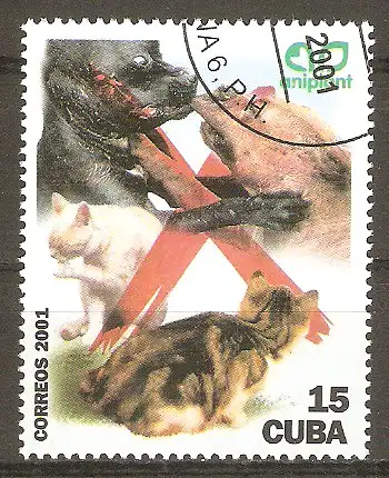 Briefmarke Cuba Mi.Nr. 4347 o Katzen und Hunde 2001 / Kampfhunde, Katzen, Emblem der Naturschutzorganisation „aniplant“ #