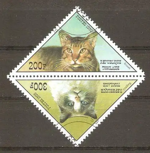 Briefmarke Togo Mi.Nr. 2870-2871 o Zusammendruck ! Katzenrassen 1999 / Ocicat & Ragdoll #