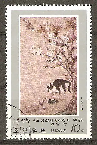 Briefmarke Korea-Nord Mi.Nr. 1802 o Koreanische Tiergemälde 1978 / Hund und Katze #