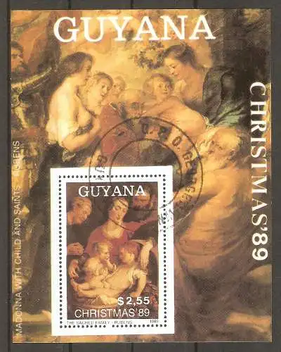 Briefmarke Guyana Block 73 o (Mi.Nr. 3073) Weihnachten 1989 - Gemälde / "Die Heilige Familie" von Peter Paul Rubens #