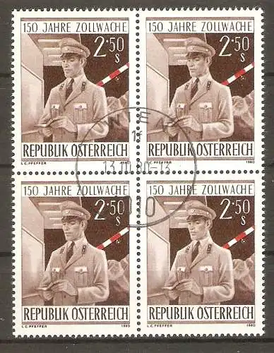 Briefmarke Österreich Mi.Nr. 1656 o Viererblock ! 150 Jahre Zollwache 1980 / Zollwachebeamter #