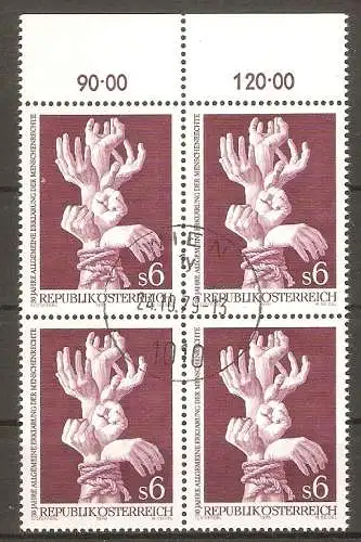 Briefmarke Österreich Mi.Nr. 1595 o Oberrand Viererblock ! 30. Jahrestag der Allgemeinen Erklärung der Menschenrechte 1978 / Gefesselte Hände #