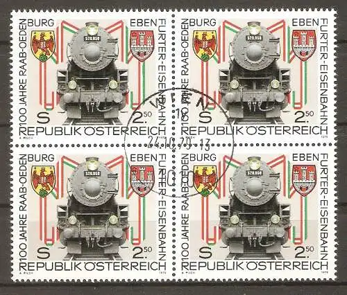 Briefmarke Österreich Mi.Nr. 1627 o Viererblock !  100 Jahre Raab–Oedenburg–Ebenfurter Eisenbahn 1979 / Güterlokomotive der Baureihe 52 #