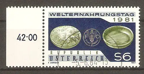 Briefmarke Österreich Mi.Nr. 1686 o Randstück ! Welternährungstag 1981 / FAO-Emblem & gefüllter und leerer Teller #