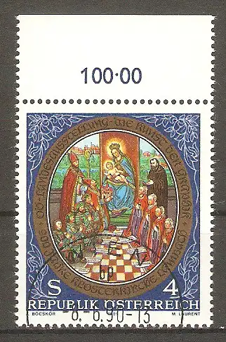 Briefmarke Österreich Mi.Nr. 1957 o Randstück ! 900 Jahre Klosterkirche Lambach 1989 / Hl. Adalbero mit Familie sowie hl. Kilian und hl. Benedikt vor Muttergottes #